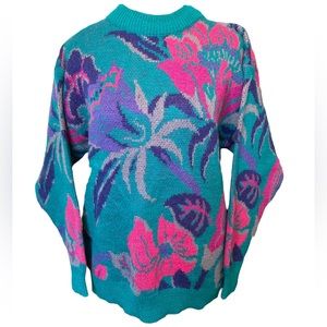 Le Moda Vintage 90s Bright Teal Pink Tropical Coastal Boho Floral Leafy Sweater
